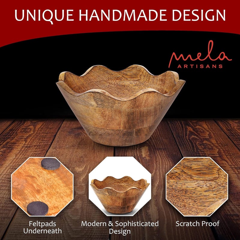 Mela Artisans Small Scalloped Decorative Wooden Bowl | 8 Inch Mango Wood Fruit & Serving Bowl | Natural Grain Finish | Perfect for Snacks | Desserts | Bread | Kitchen Counter | Handcrafted Decor - Image 3